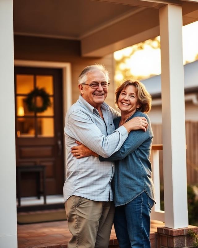 Couple embracing on their home porch